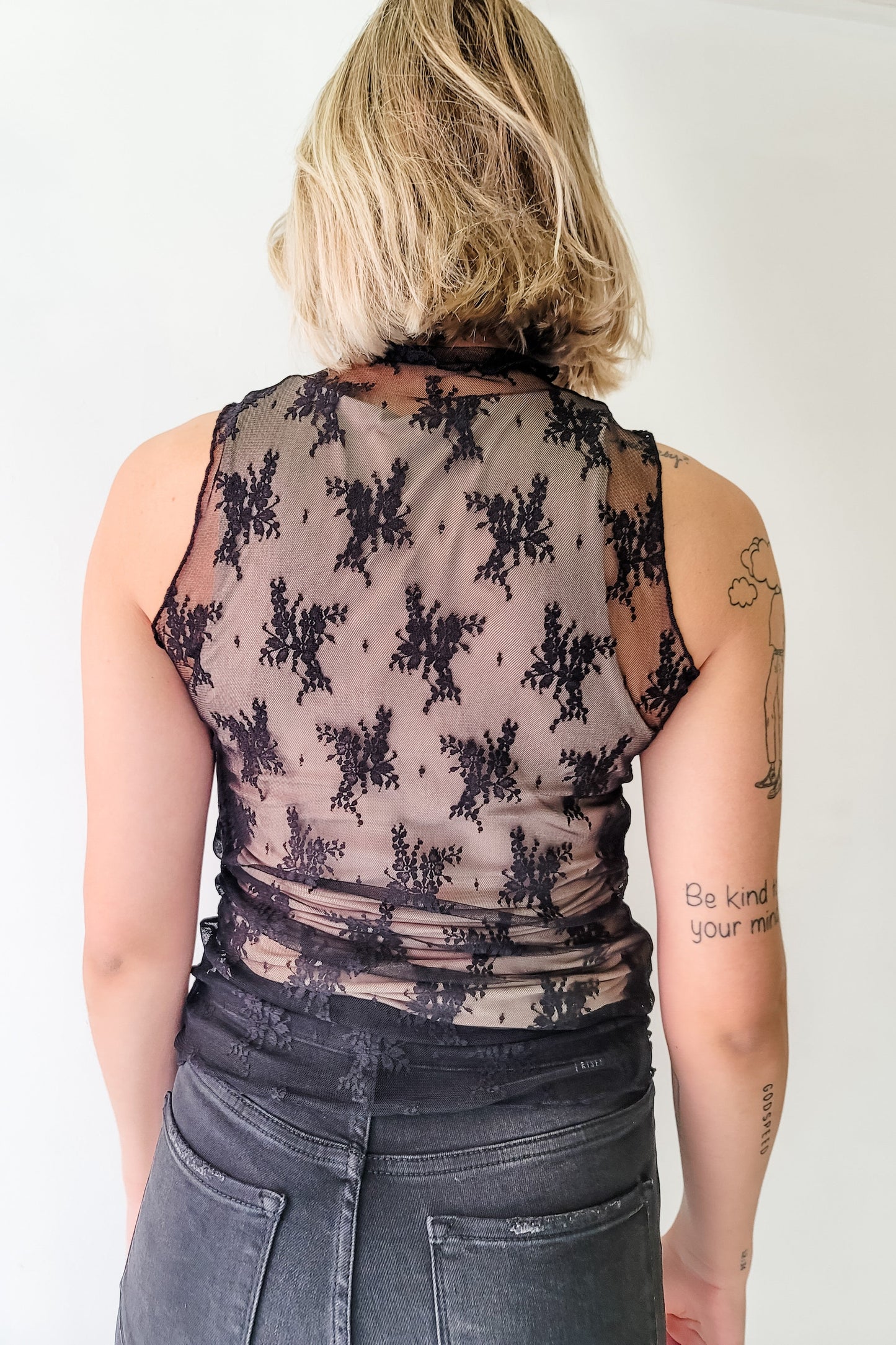 Black Floral Lace Mesh Sleeveless Layering Tank Top