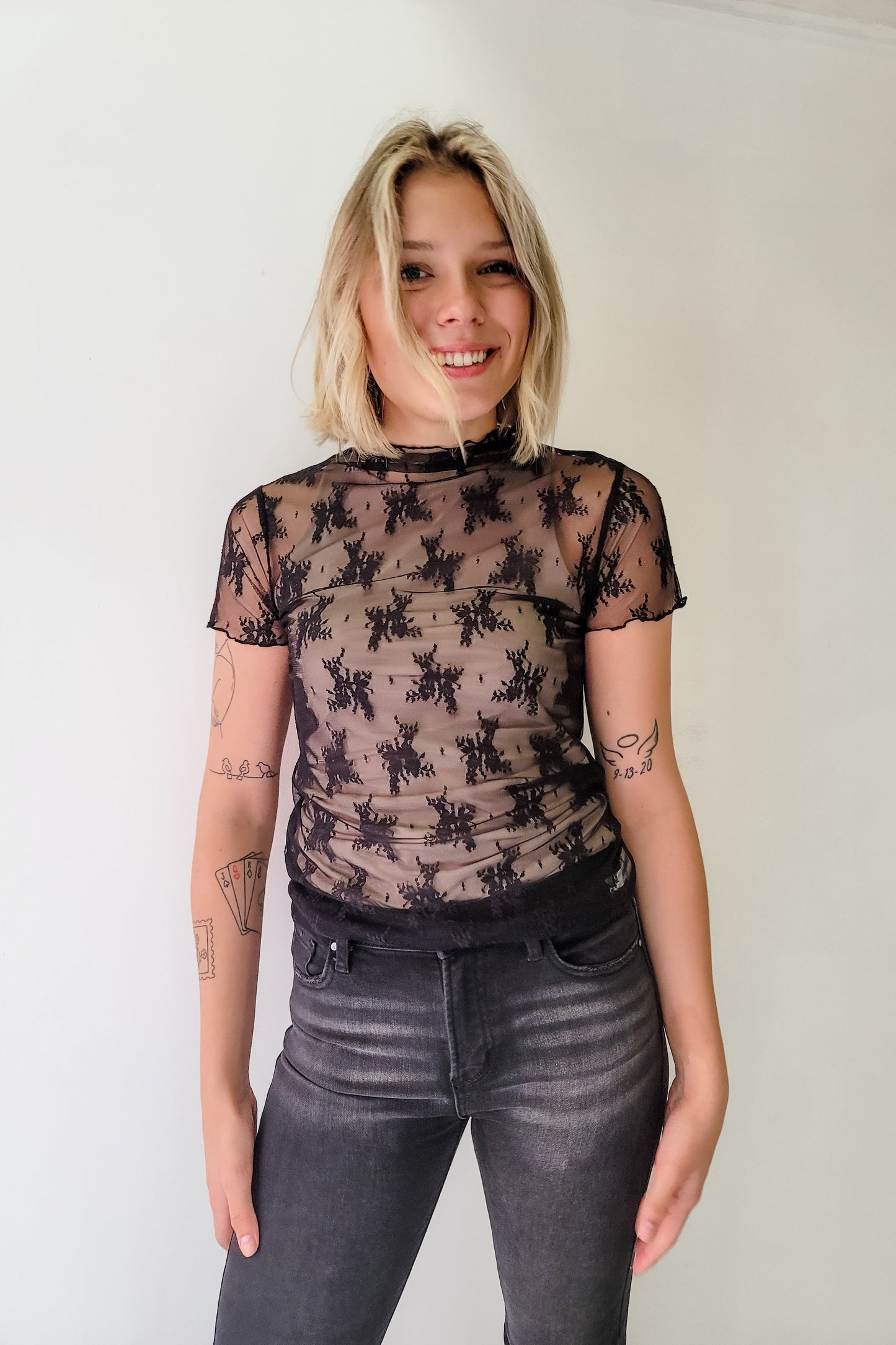 Black Floral Lace Mesh Short Sleeve Layering Top