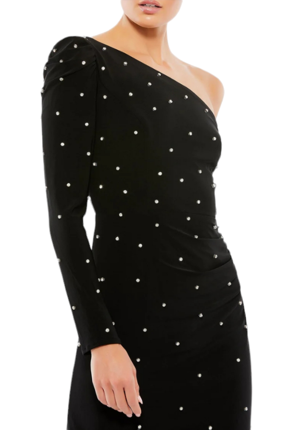 Mac Duggal Rhinestone Encrusted One Shoulder Long Sleeve Mini Dress