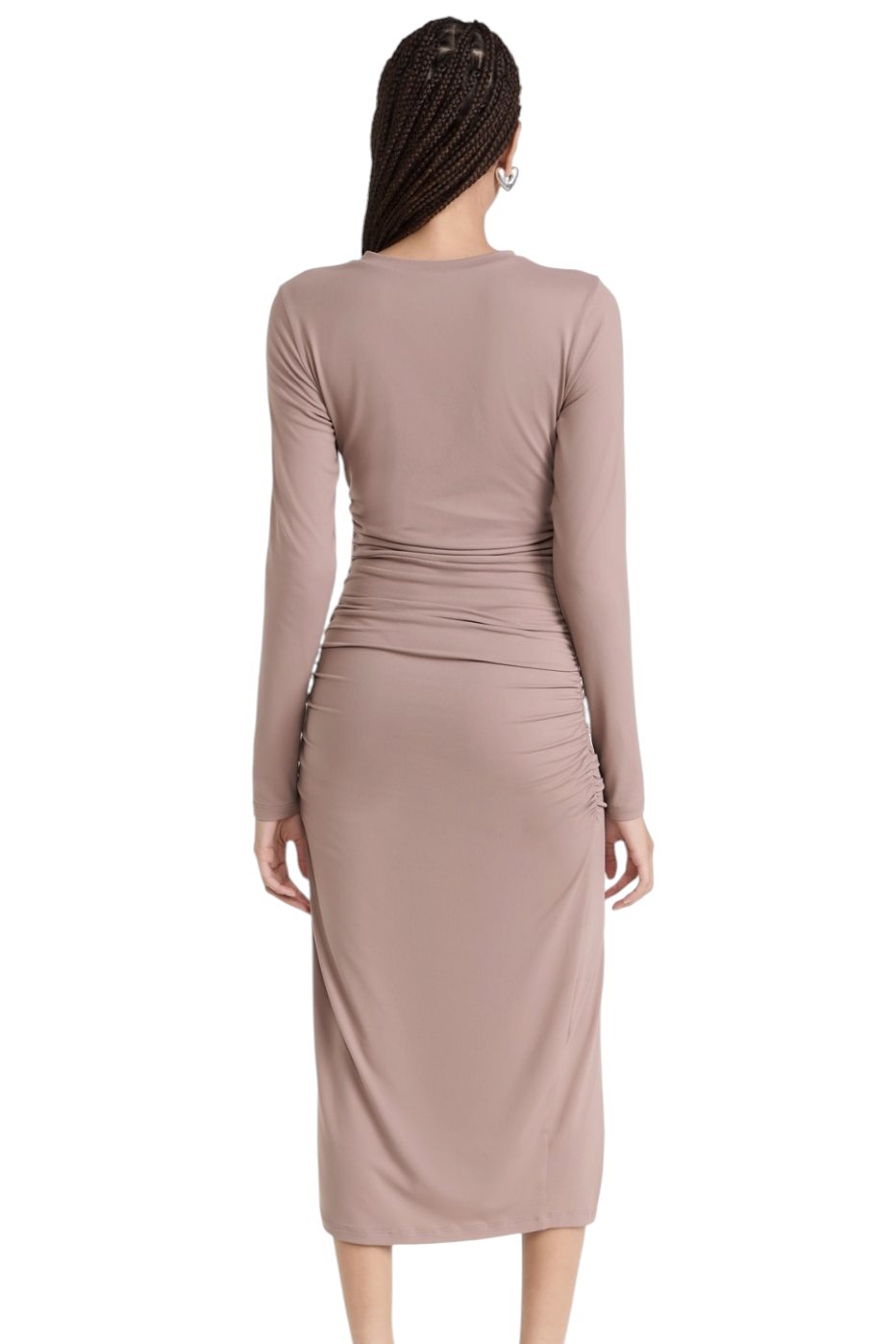 Susana Monaco Mocha Gathered Crew Long Sleeve Slit Midi Dress