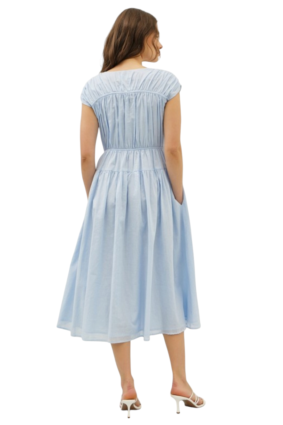 Misty Blue V-Neck Tied Bows Cotton Midi Dress