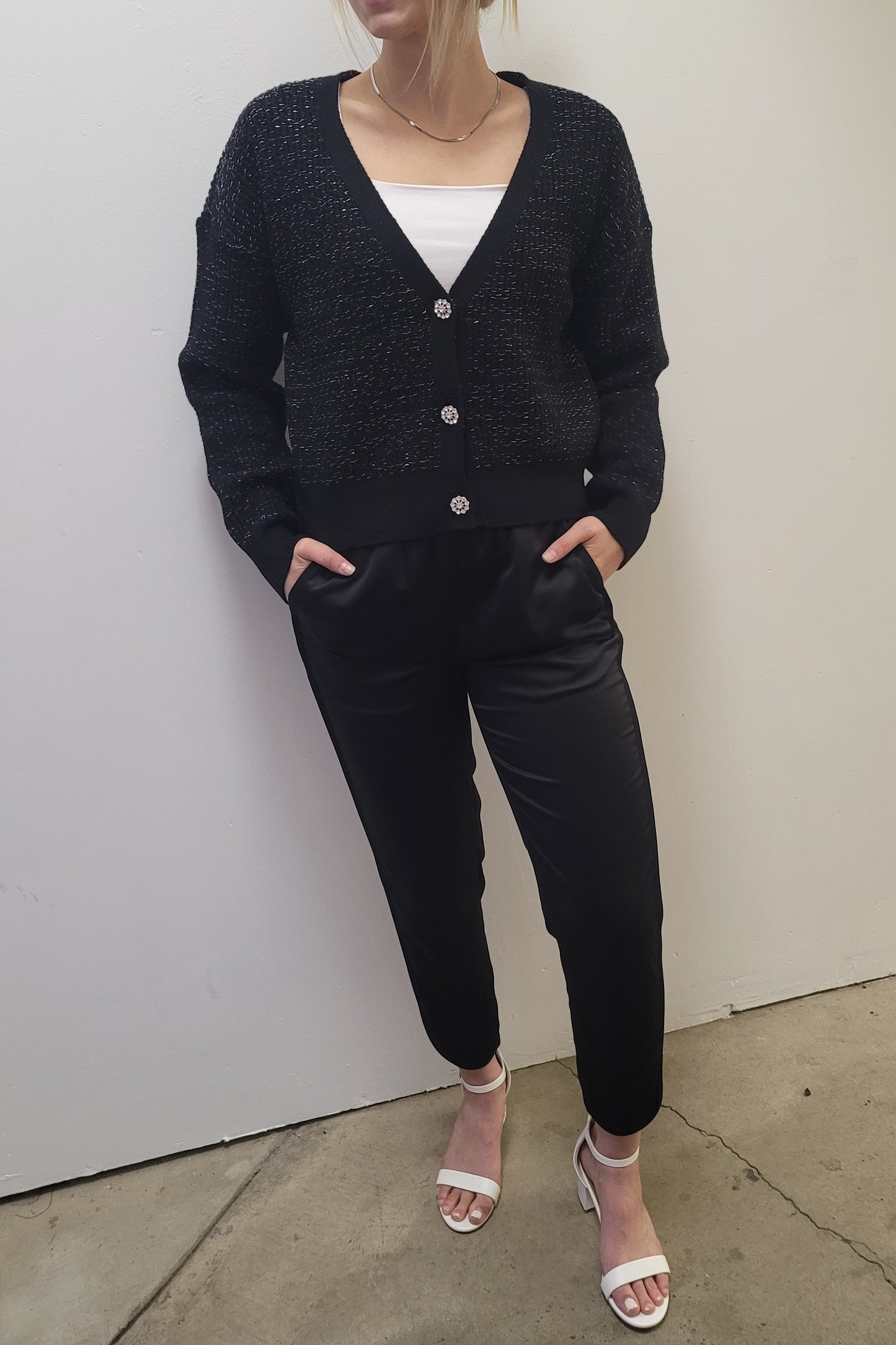 Dex Black/Silver Lurex Embellished Trim Cardigan