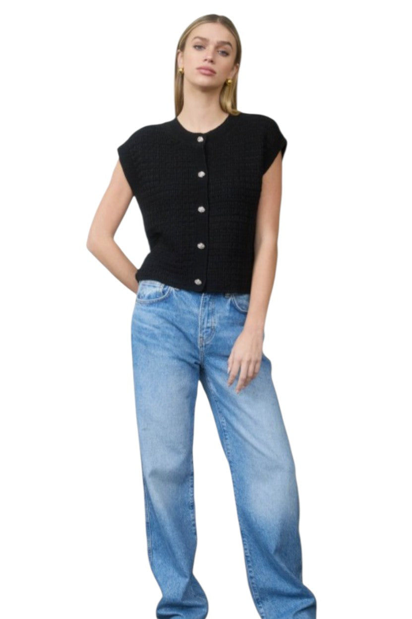 Black Short Sleeve Gold Button Knit Sweater
