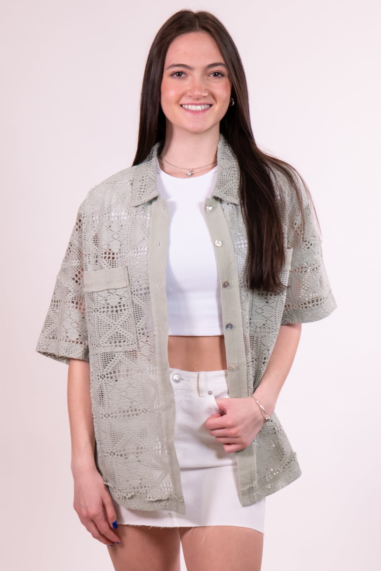 Sage Oversized Crochet Button Down Shirt Top