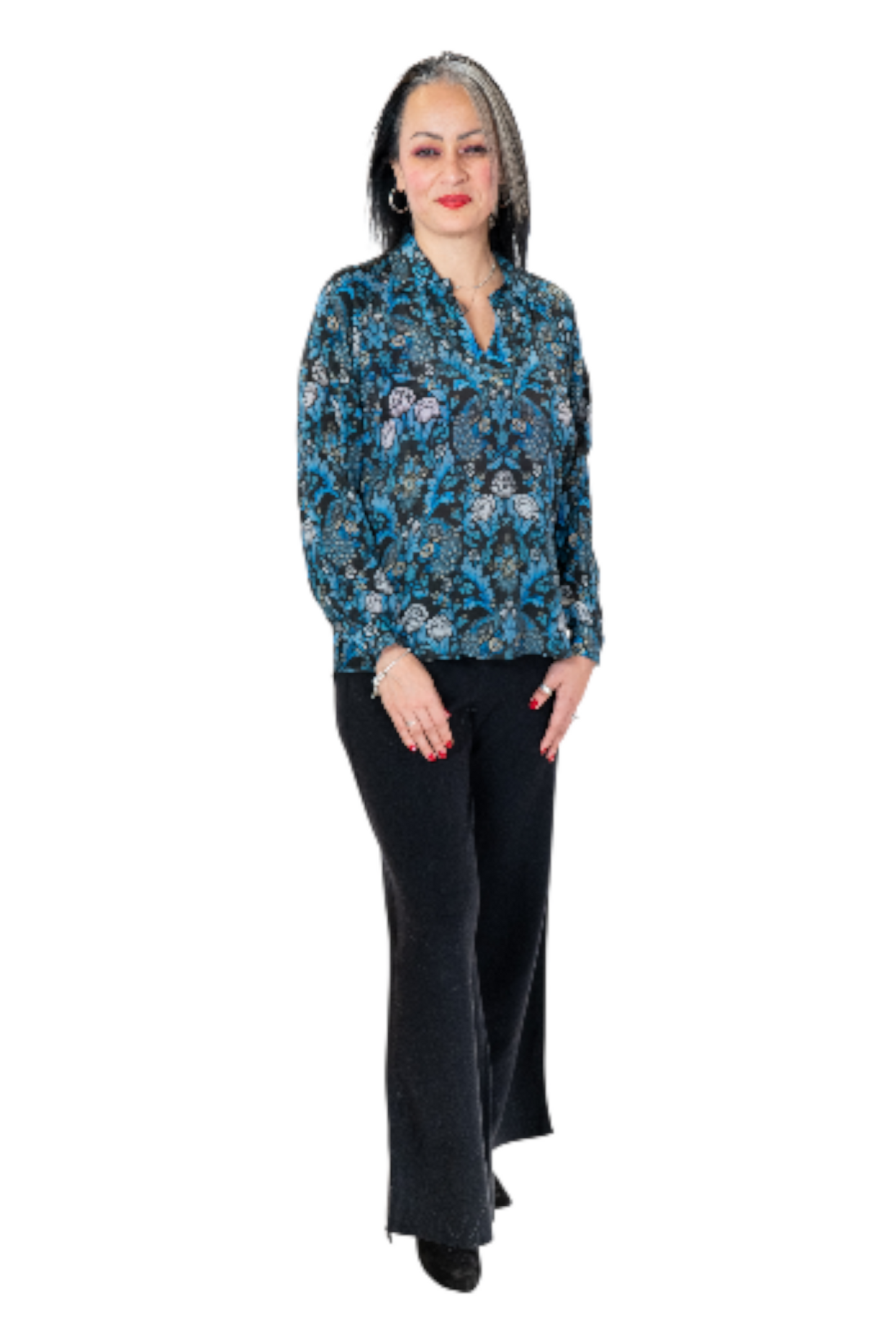 APNY Wine Blue Multi Half Placket Pullover Blouse