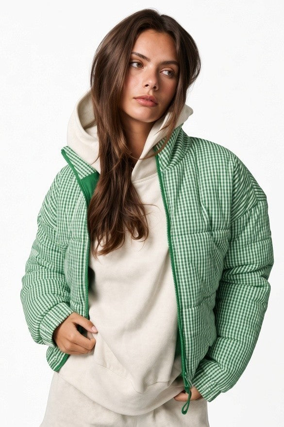 Green & White Gingham Cropped Puffer Jacket