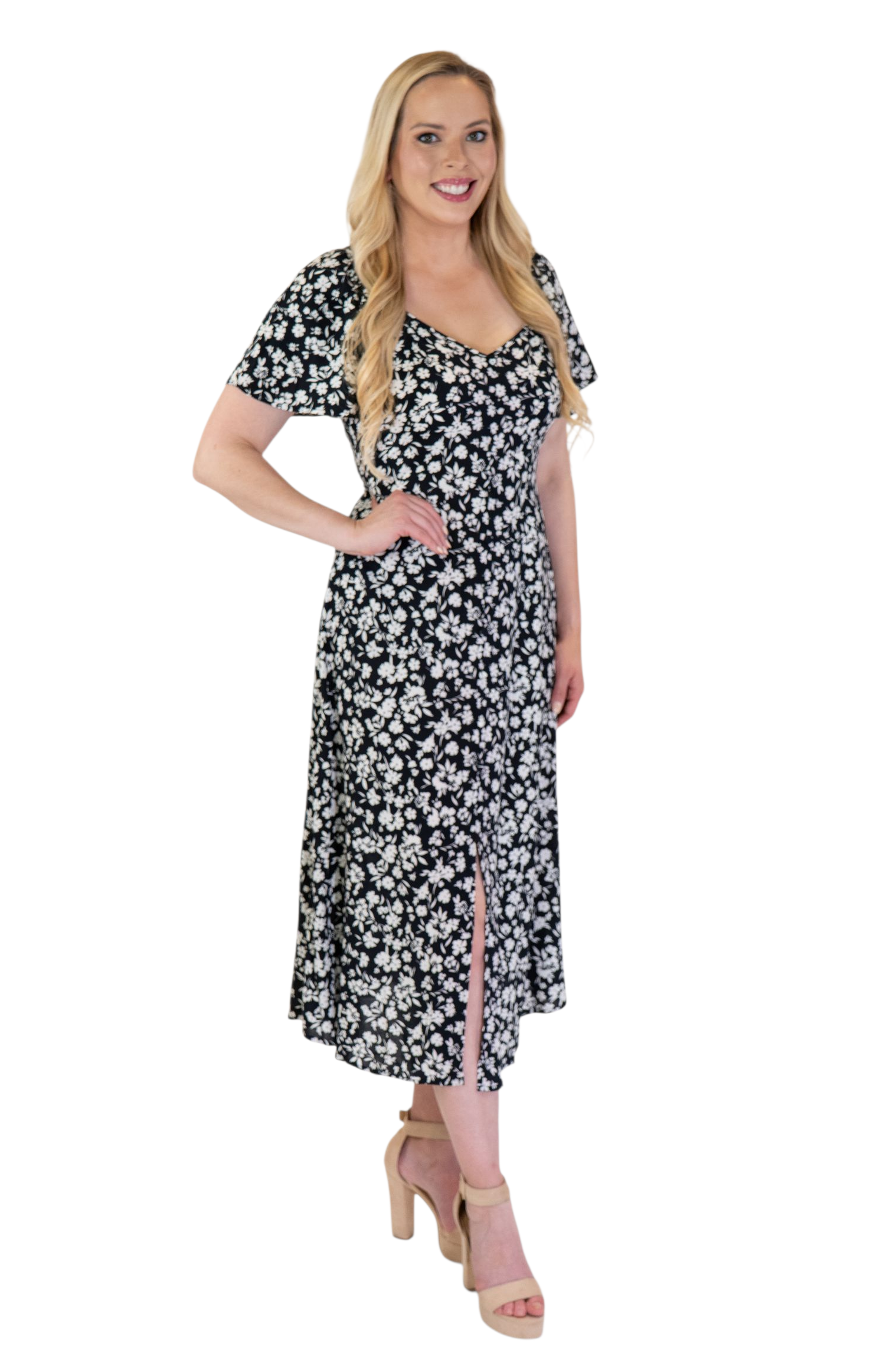Black & White Floral Flutter Sleeve Midi Dress Midtown Marketplace Black & White Floral Flutter Sleeve Midi Dress Midtown Marketplace