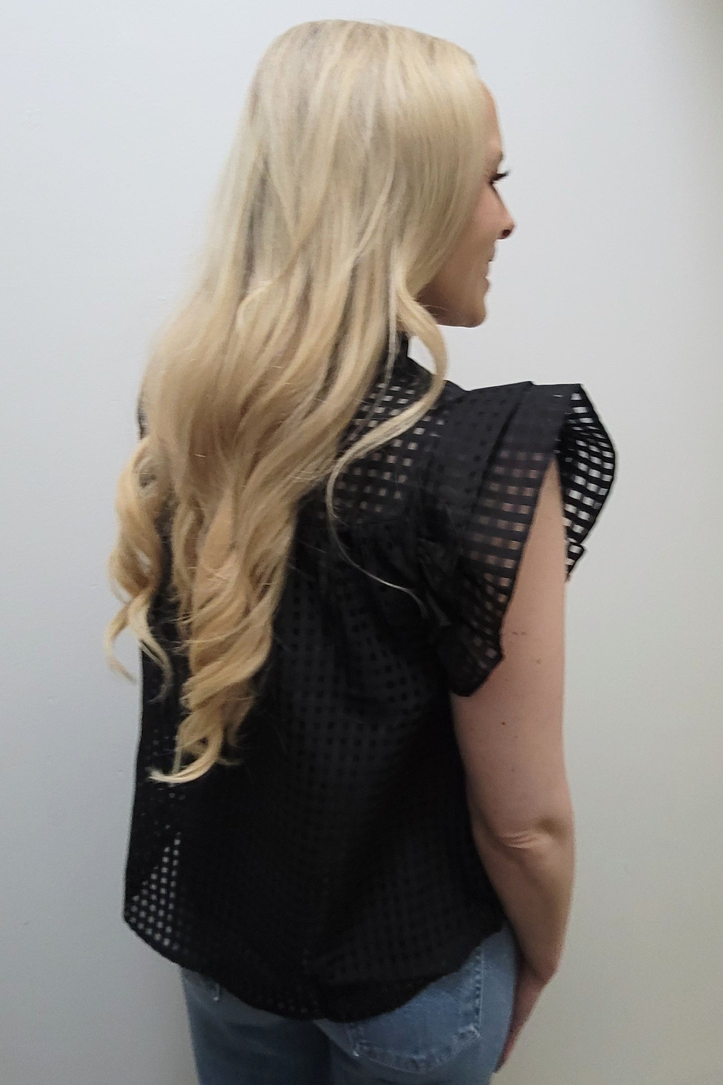 Black Split V Neck Ruffled Checker Organza Top