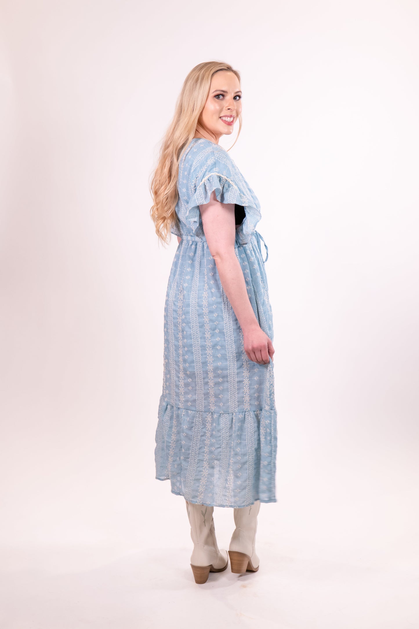 Blue Embroidered Boho Ruffles Midi Dress