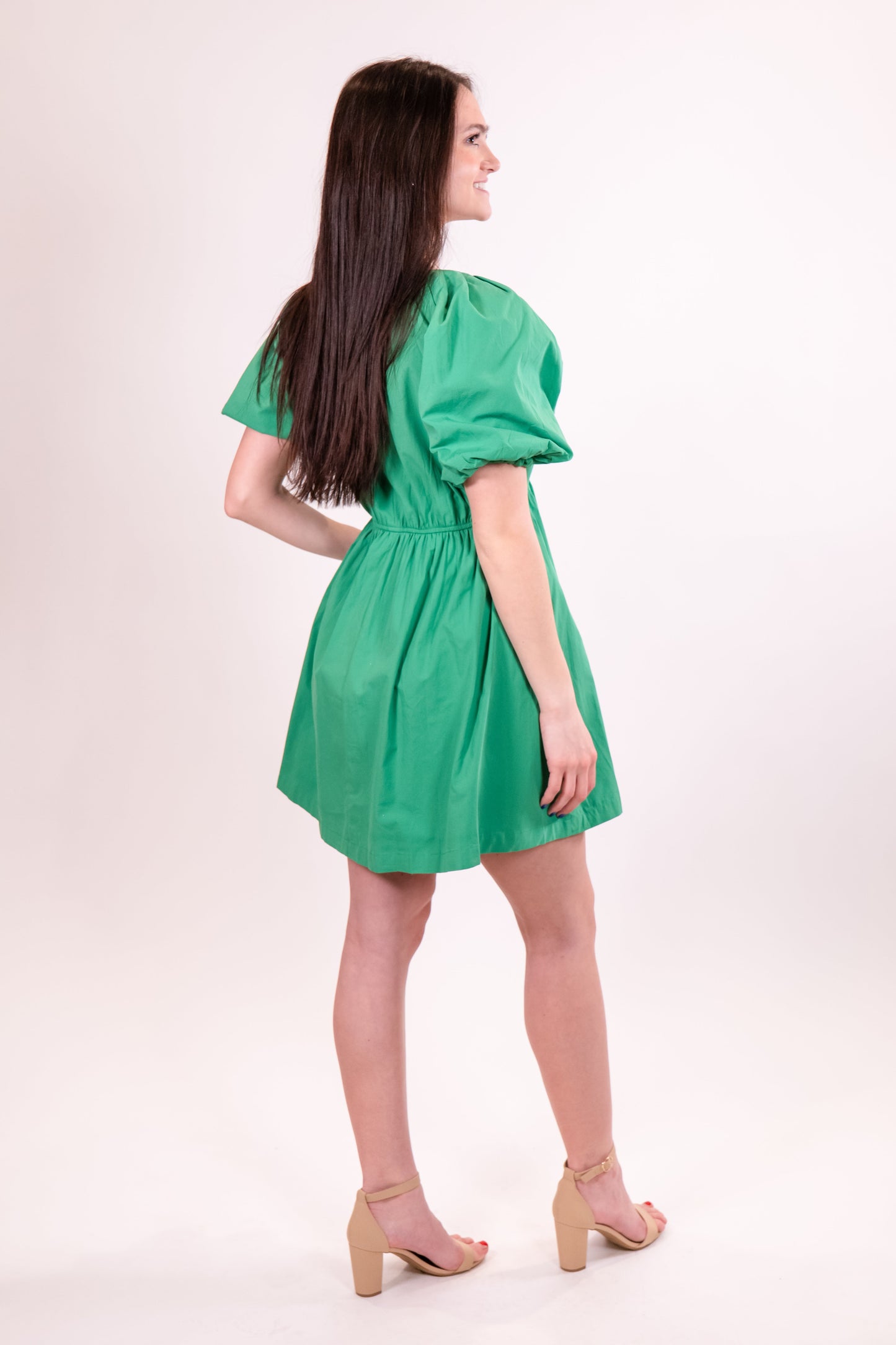 Green Bubble Sleeve Poplin Mini Dress