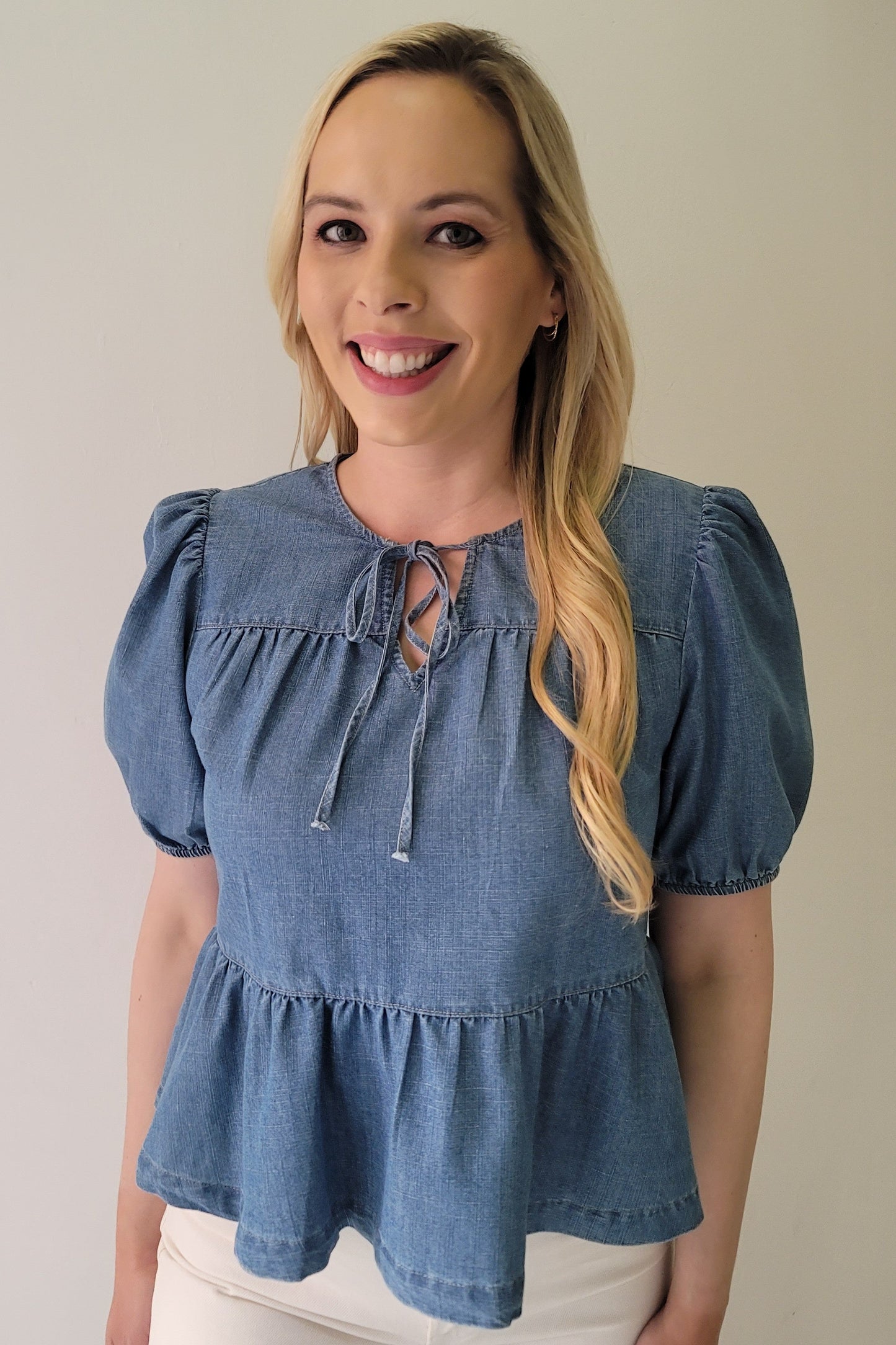 Washed Denim Babydoll Bow Tie Top