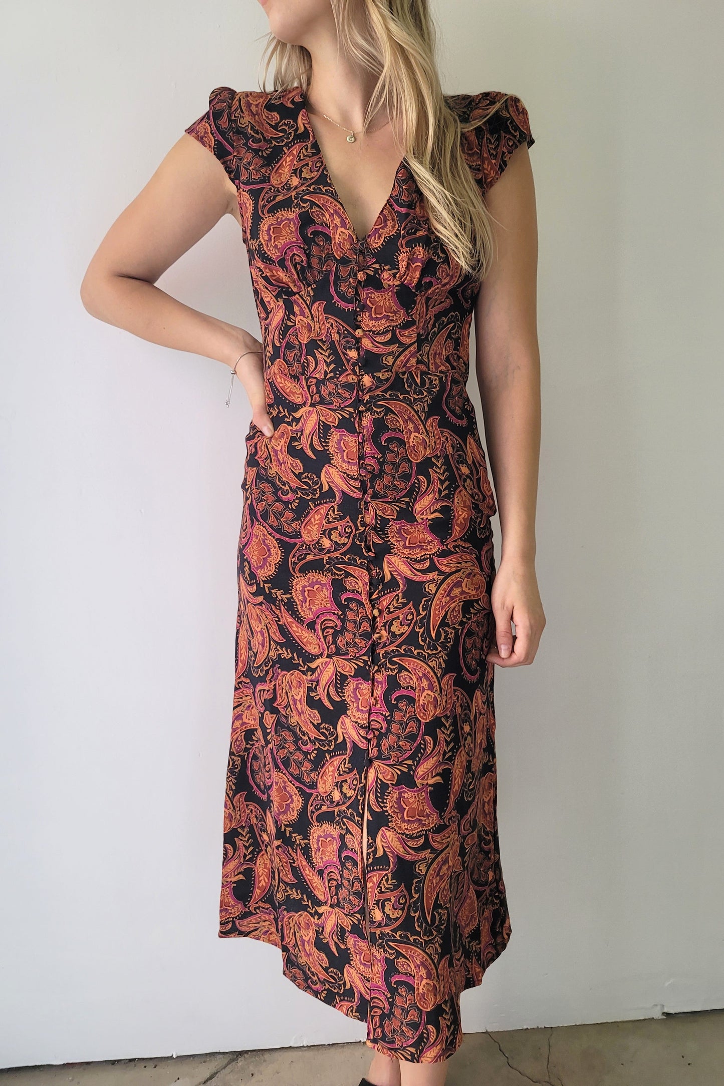 Dex Purple & Orange Paisley Midi Dress