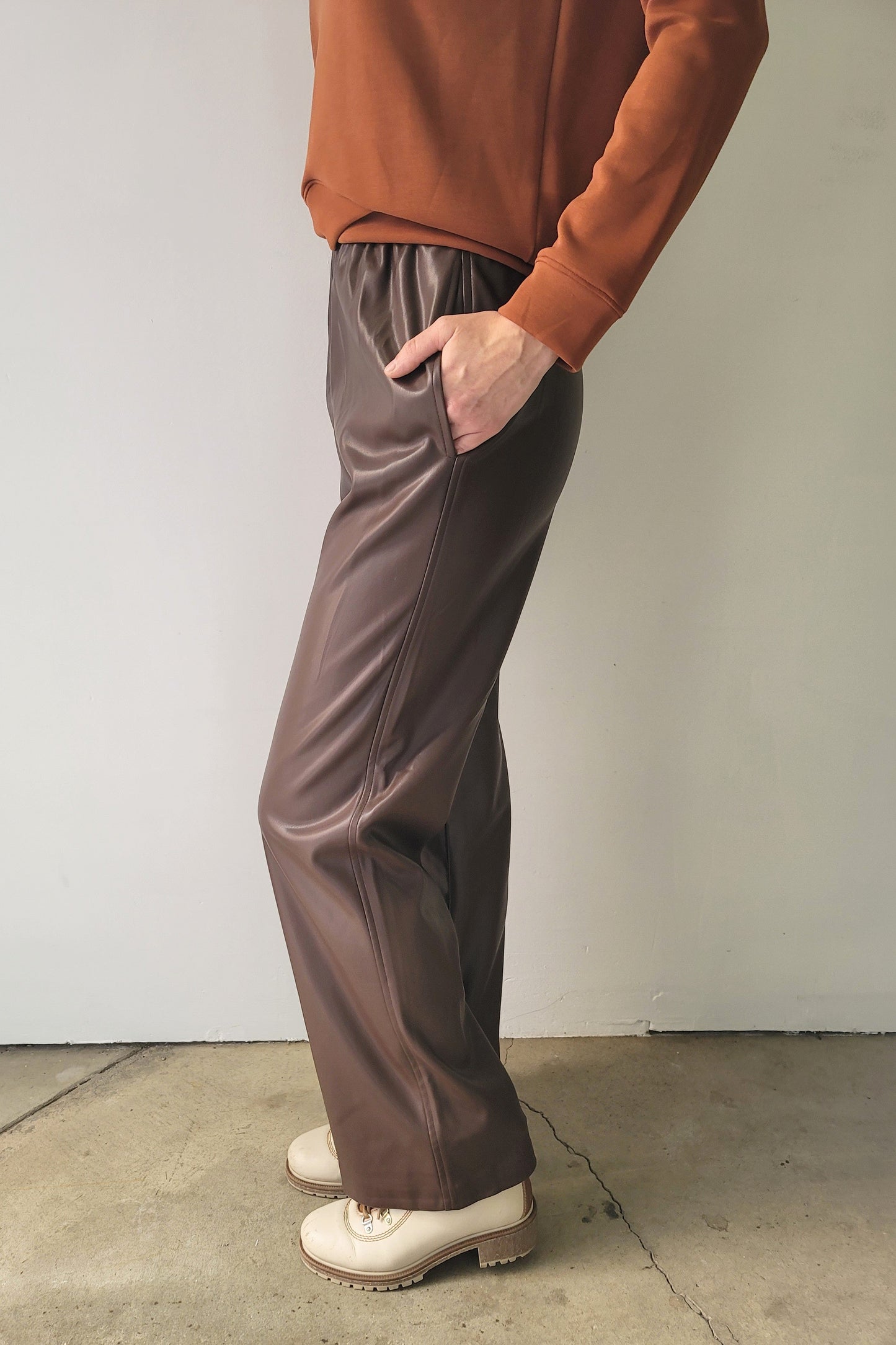 Dex Milk Chocolate Brown Pull On Faux Leather Wide Leg Pants