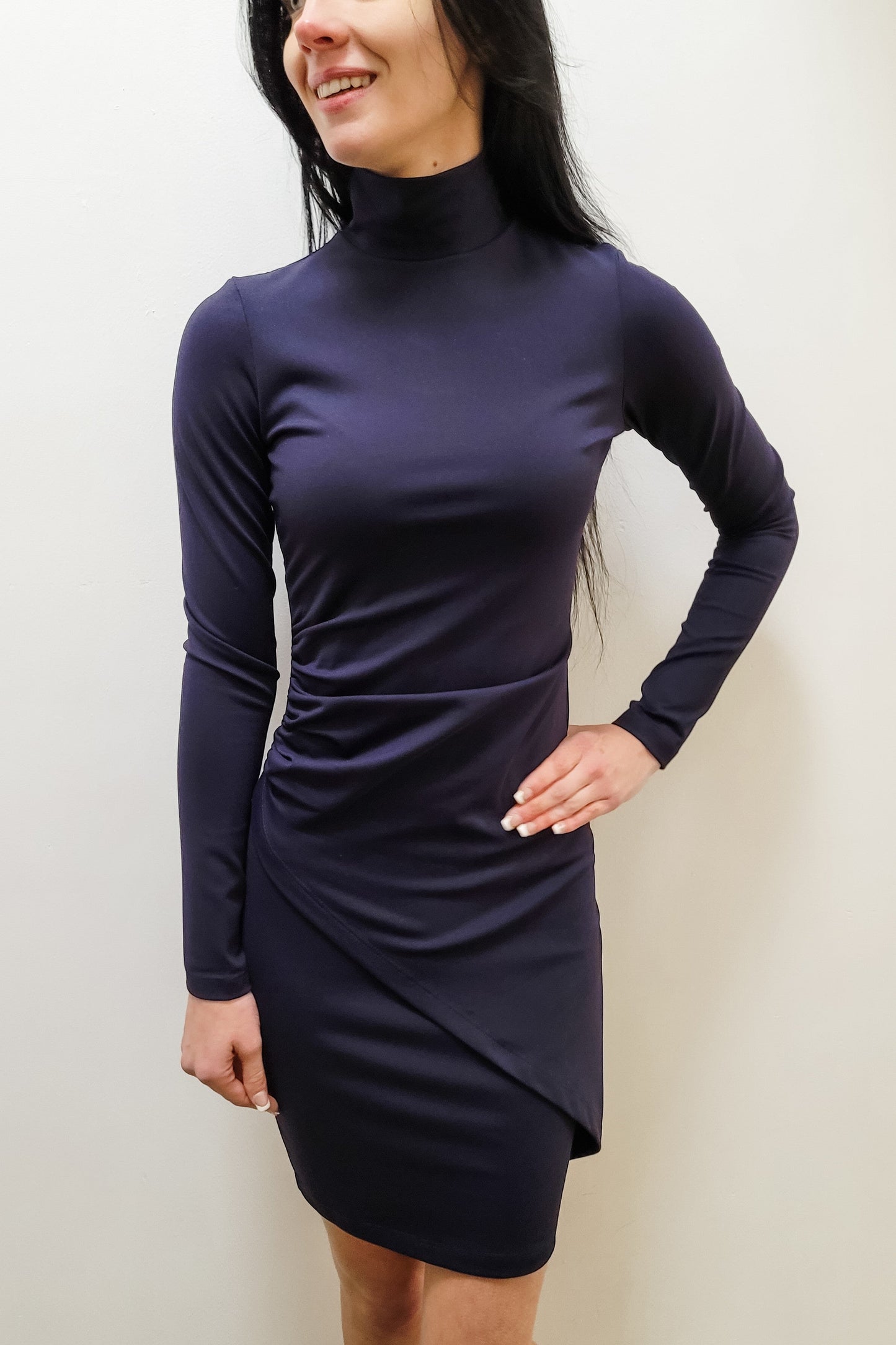 Susana Monaco Midnight Mock Neck Overlap Gathered Dress