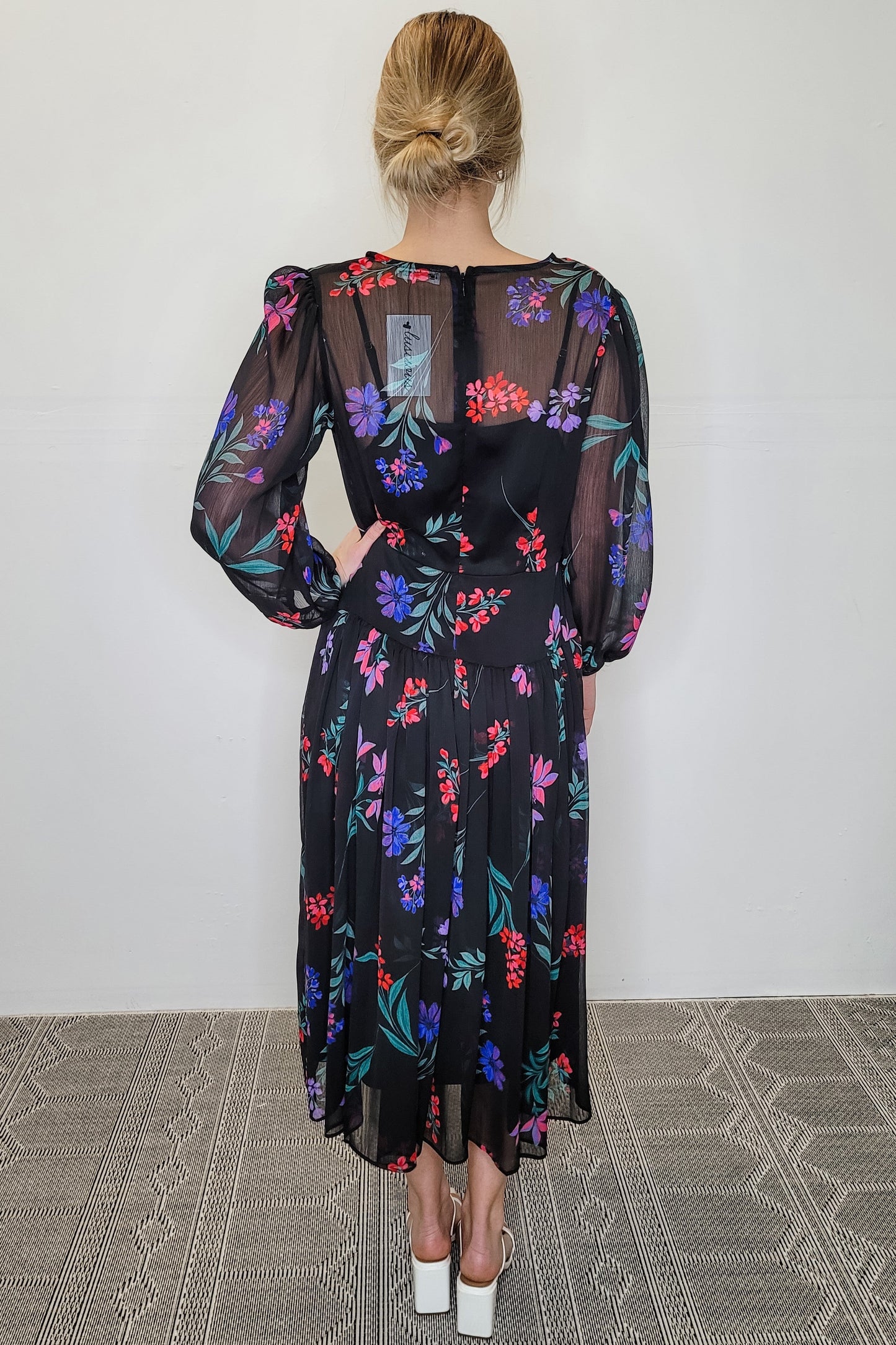 Calvin Klein Black Floral Faux Wrap LS Midi Dress