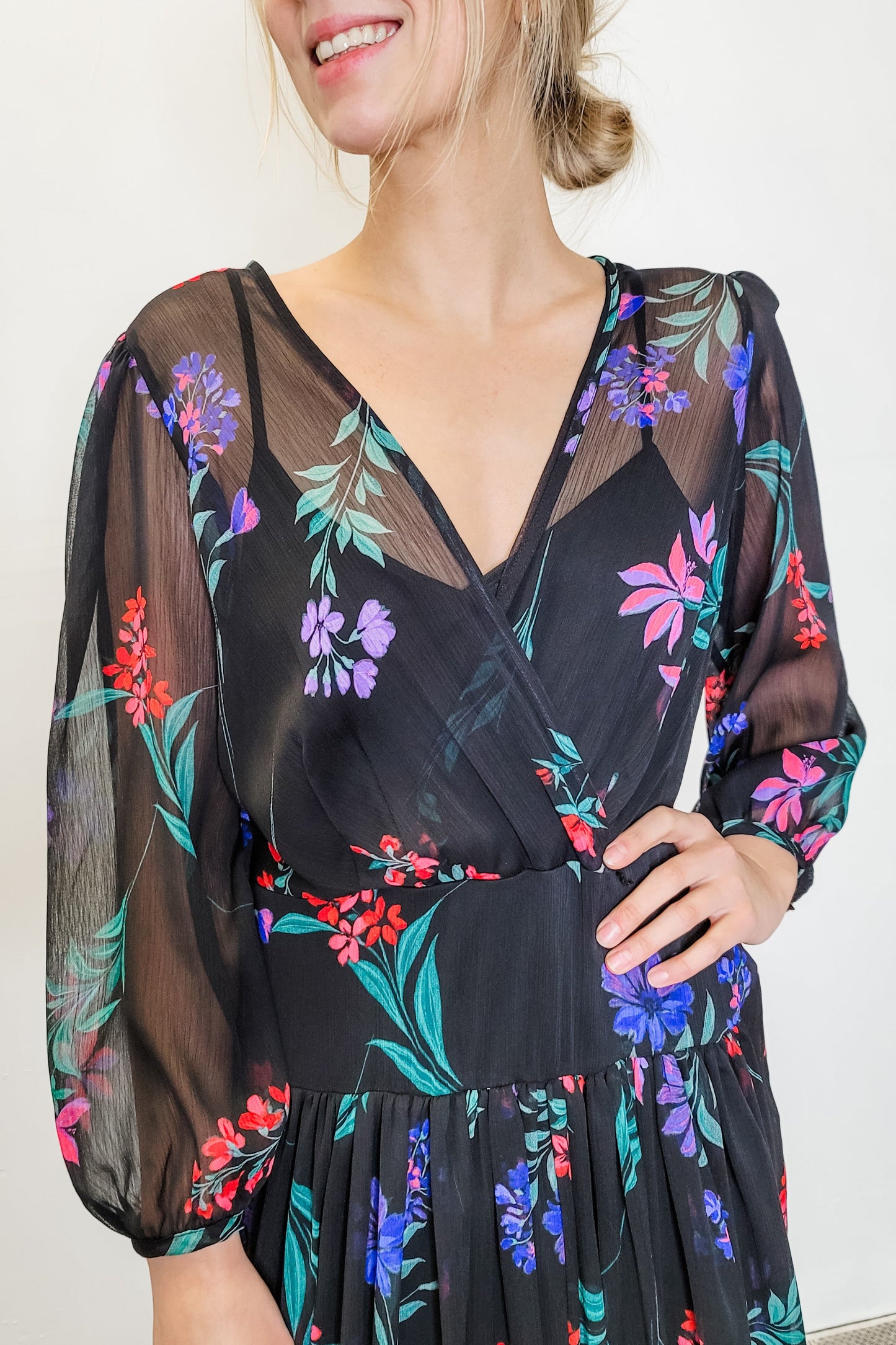 Calvin Klein Black Floral Faux Wrap LS Midi Dress