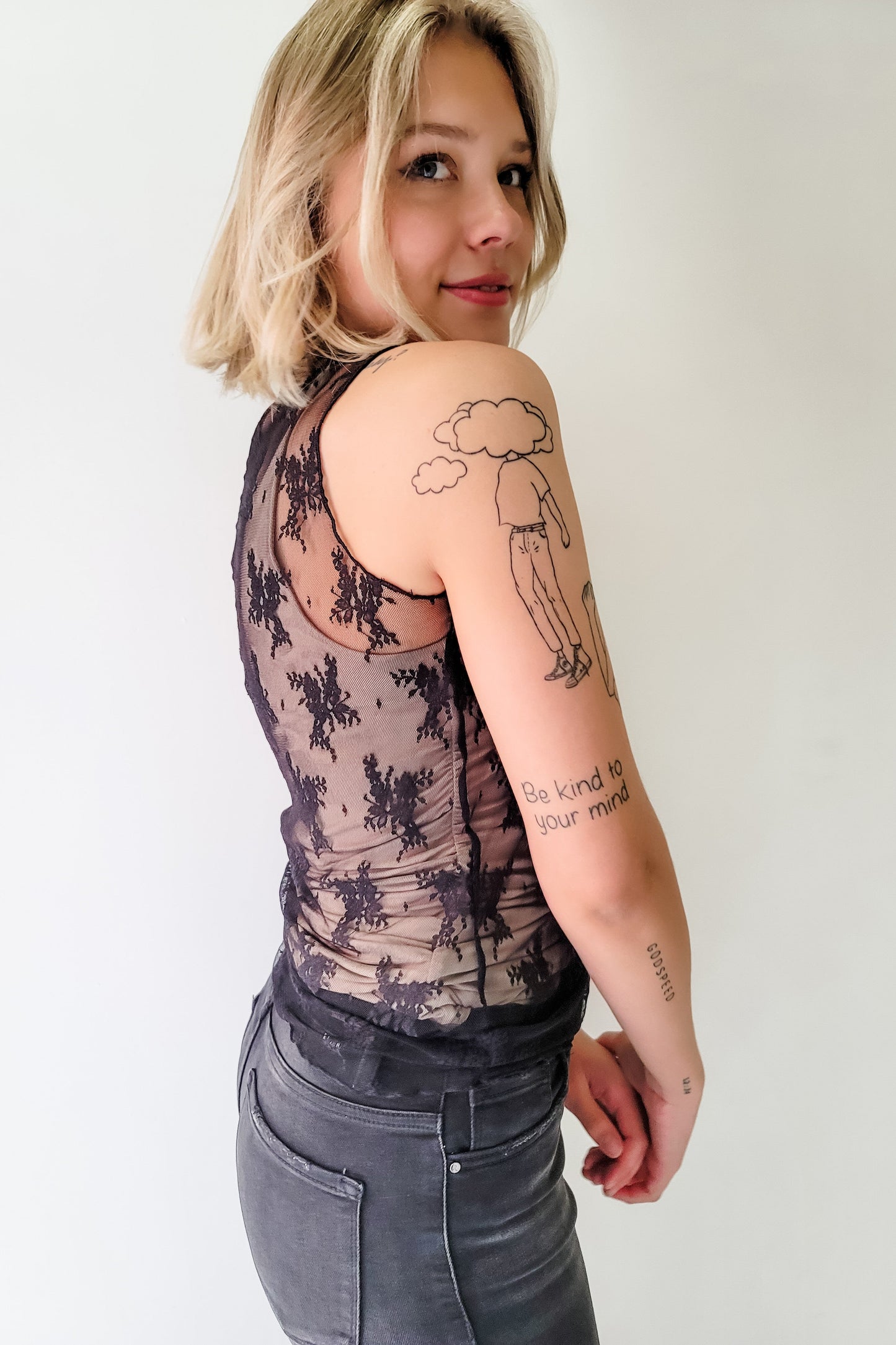 Black Floral Lace Mesh Sleeveless Layering Tank Top