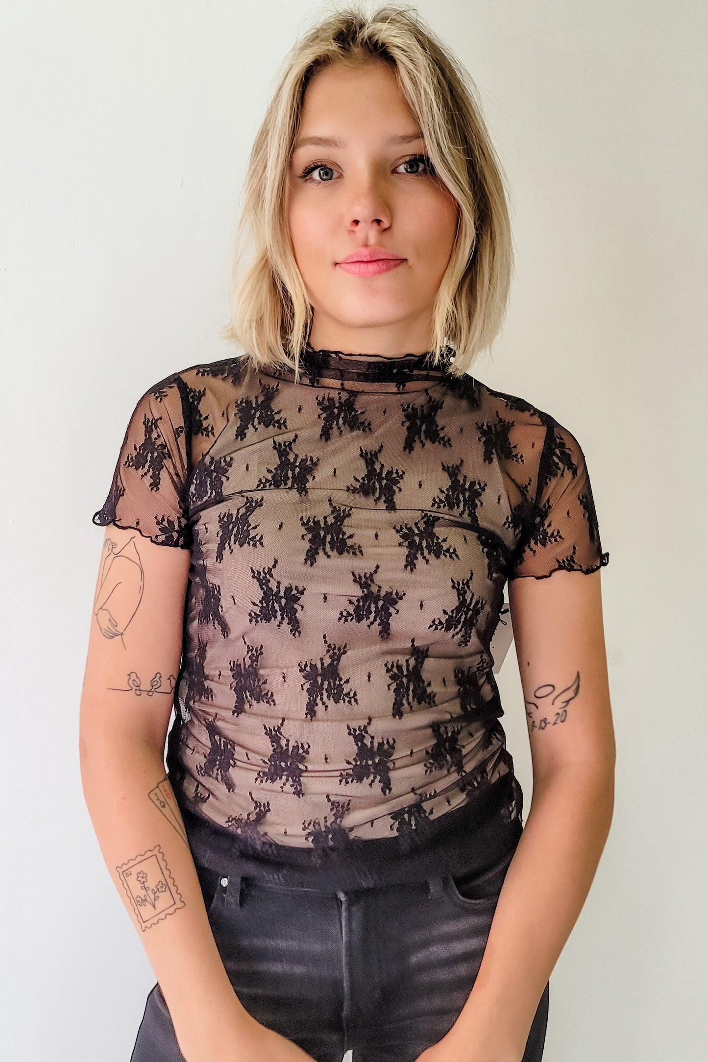 Black Floral Lace Mesh Short Sleeve Layering Top
