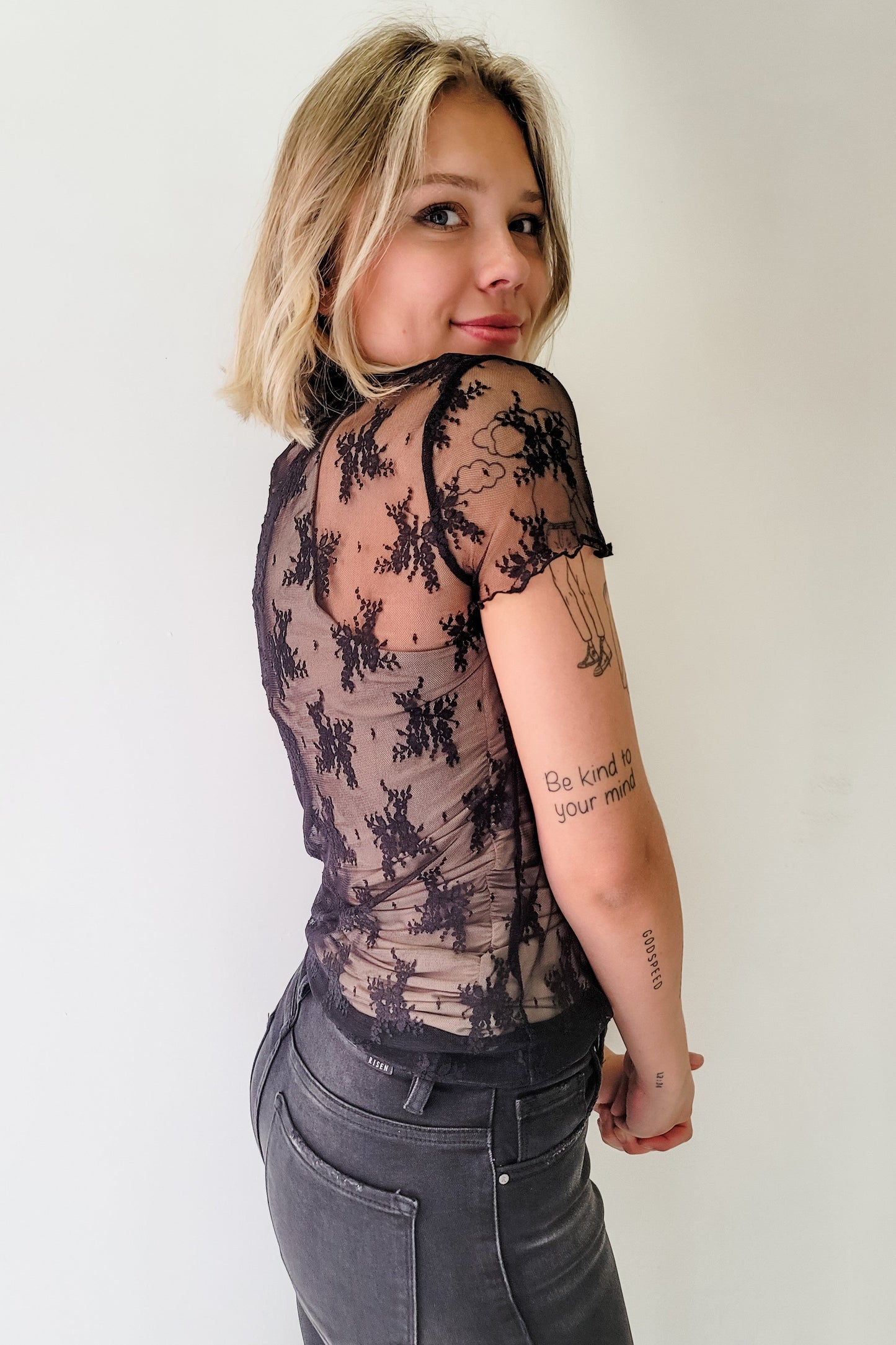 Black Floral Lace Mesh Short Sleeve Layering Top