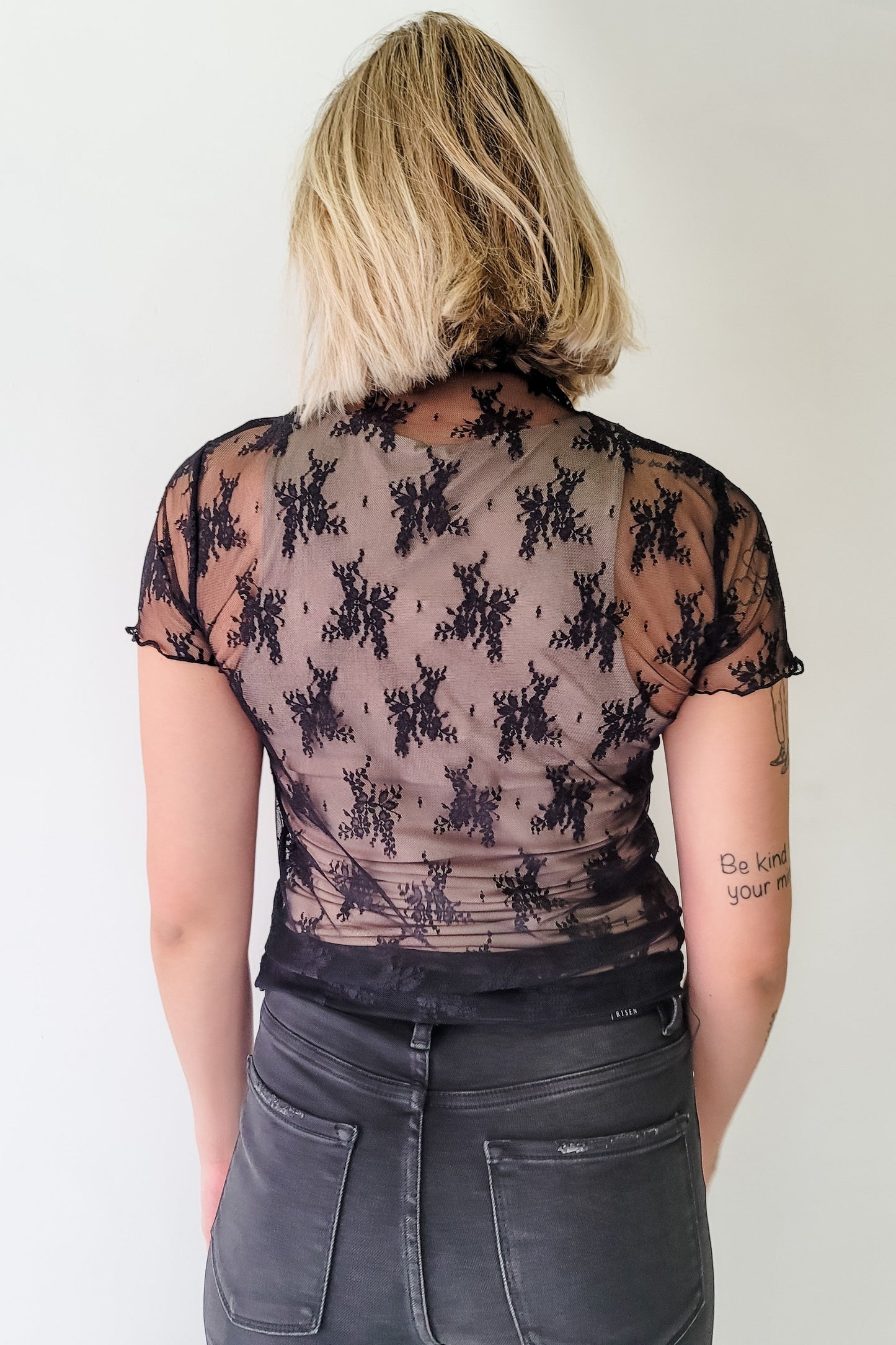 Black Floral Lace Mesh Short Sleeve Layering Top