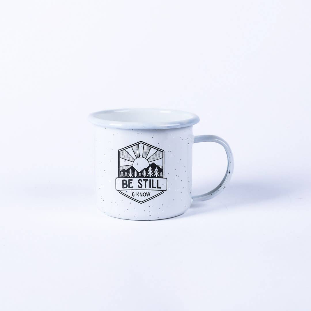 12 oz White Campfire Mug "Be Still"