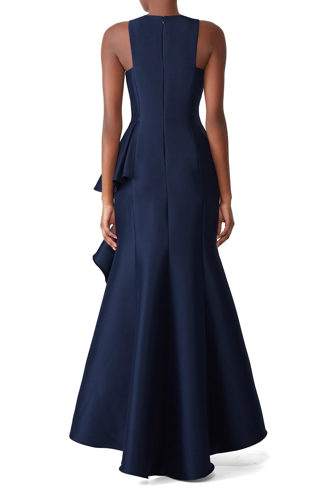Badgley Mischka Navy Drama Ruffle Gown