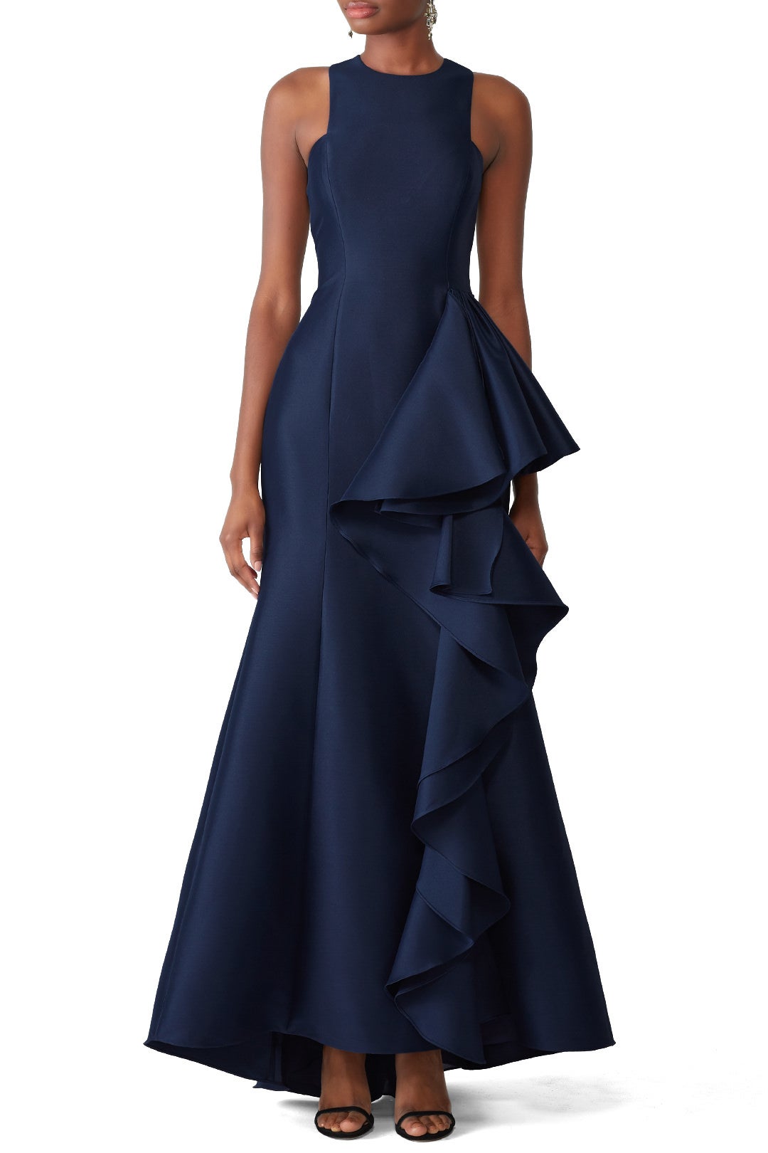 Badgley Mischka Navy Drama Ruffle Gown