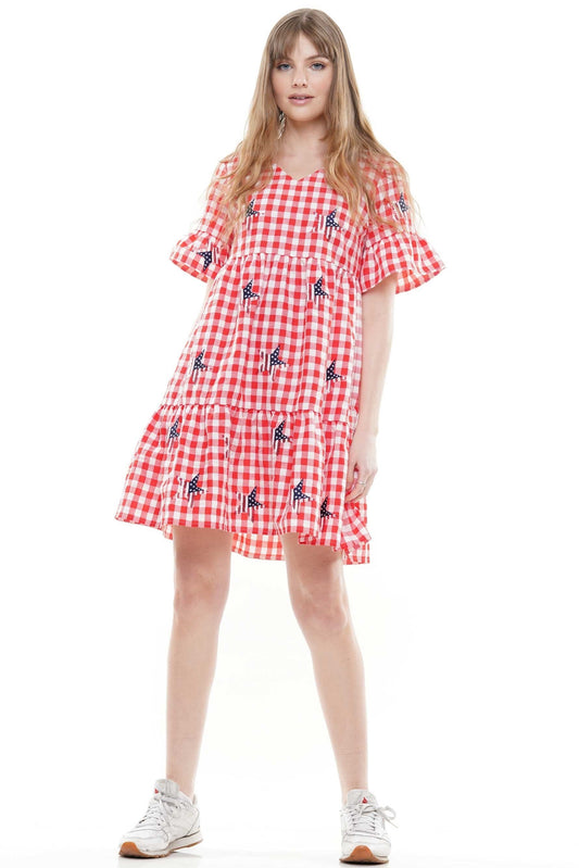 Multi Gingham Printed Dress With Star Embellishment