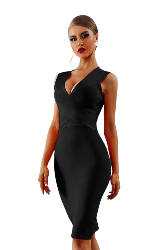 Black V Neck Knee Length Bandage Dress