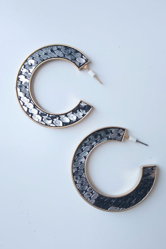 Gold & Black Snakeskin Leather Hoop Earrings
