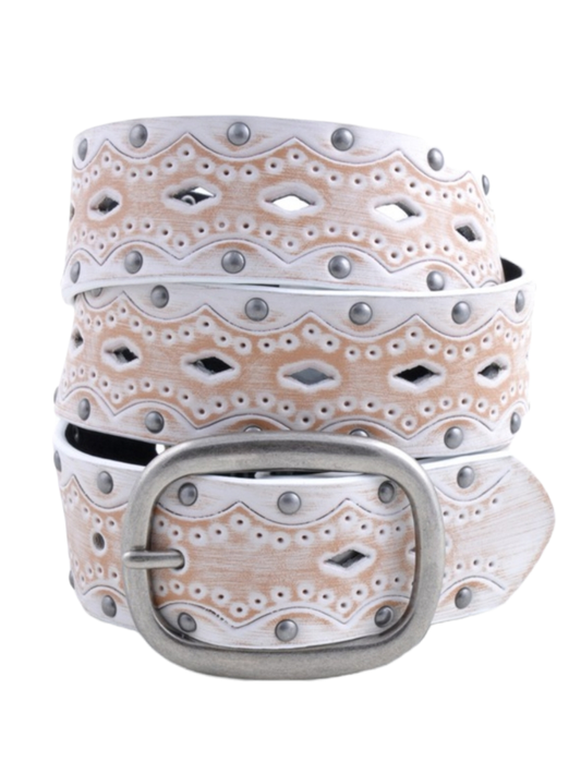 White Vintage Stud Distressed Belt