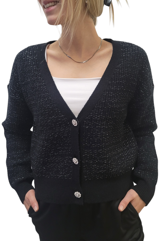 Dex Black/Silver Lurex Embellished Trim Cardigan
