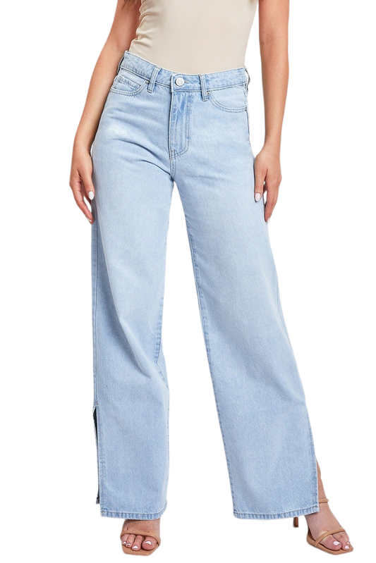 Sophia Light Wash High Rise 90s Straight Side Slit Jean
