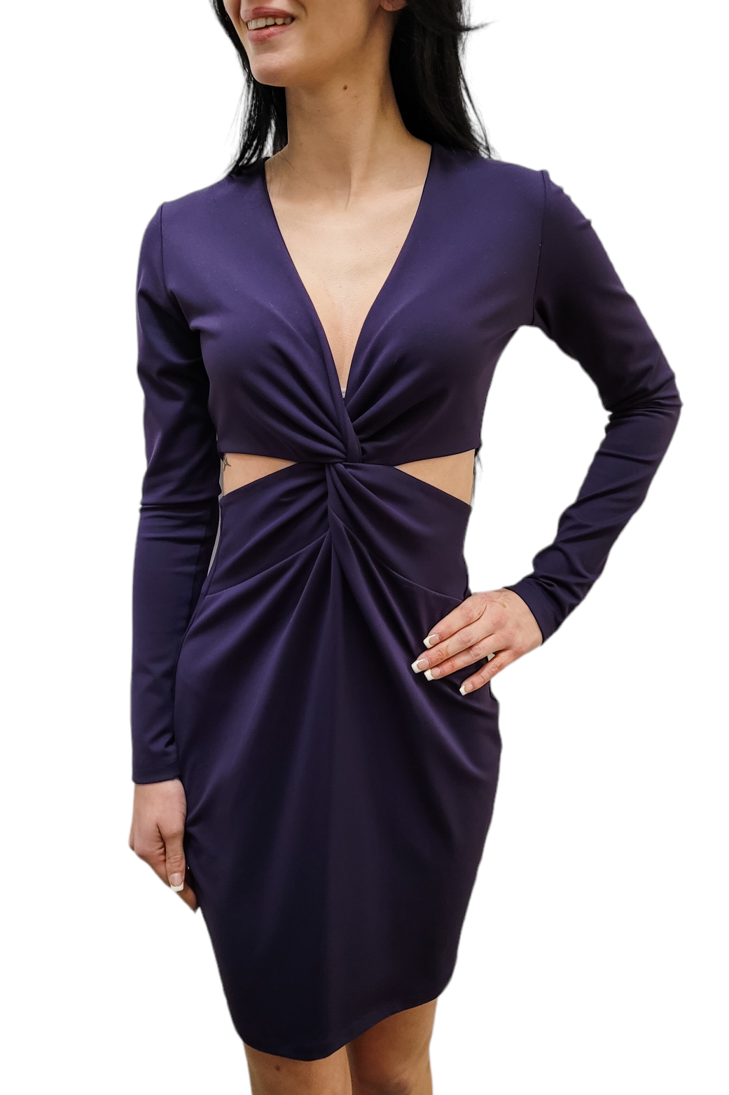 Susana Monaco Eggplant Front Twist Cut Out V Neck Long Sleeve Mini Dress