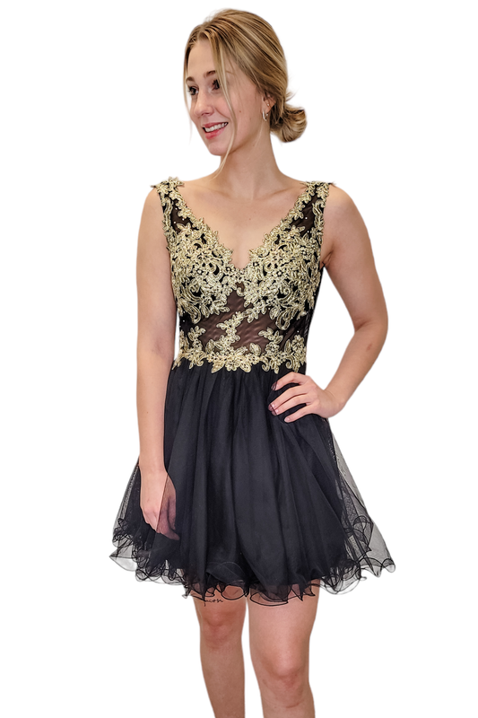 Blondie Nites Tulle Black and Gold Embellished Mini Dress