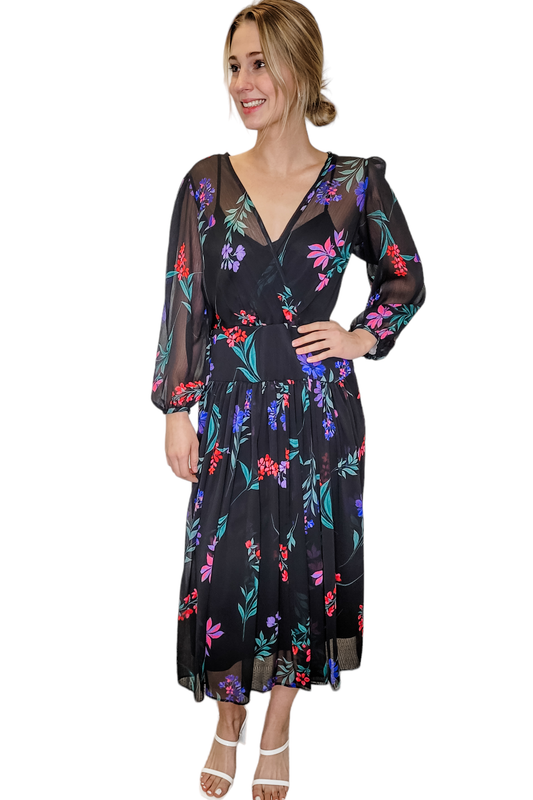 Calvin Klein Black Floral Faux Wrap LS Midi Dress
