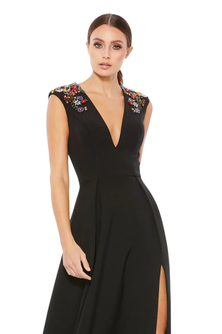 Mac Duggal Black Floral Beaded Shoulder V Neck Maxi Dress