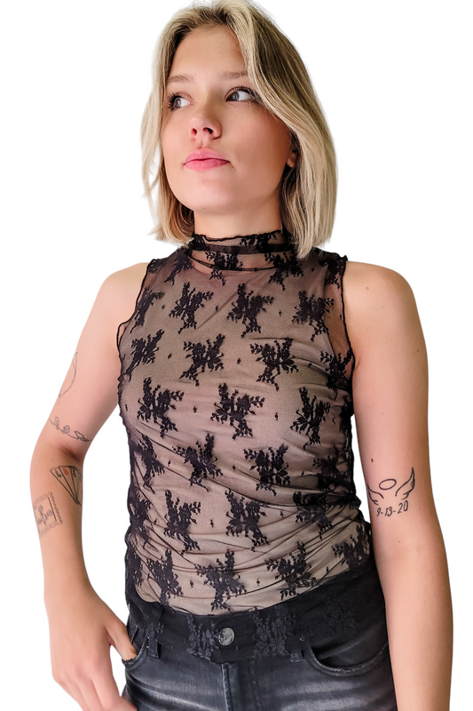 Black Floral Lace Mesh Sleeveless Layering Tank Top