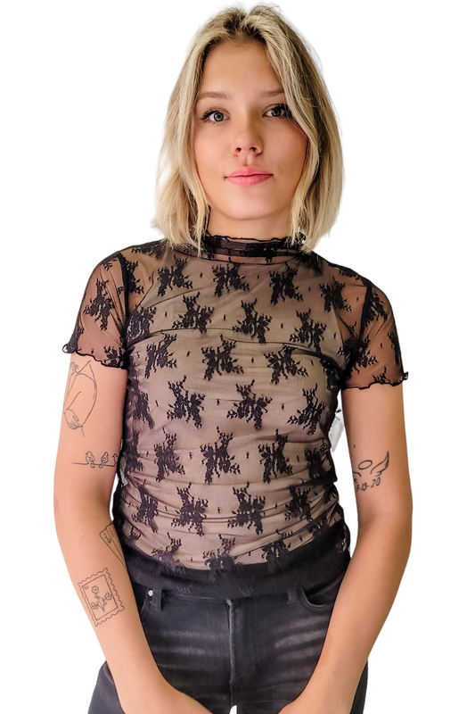 Black Floral Lace Mesh Short Sleeve Layering Top