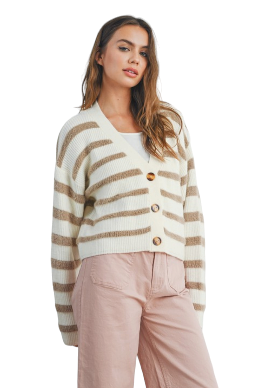 Ivory & Taupe Striped Sweater Button Cardigan
