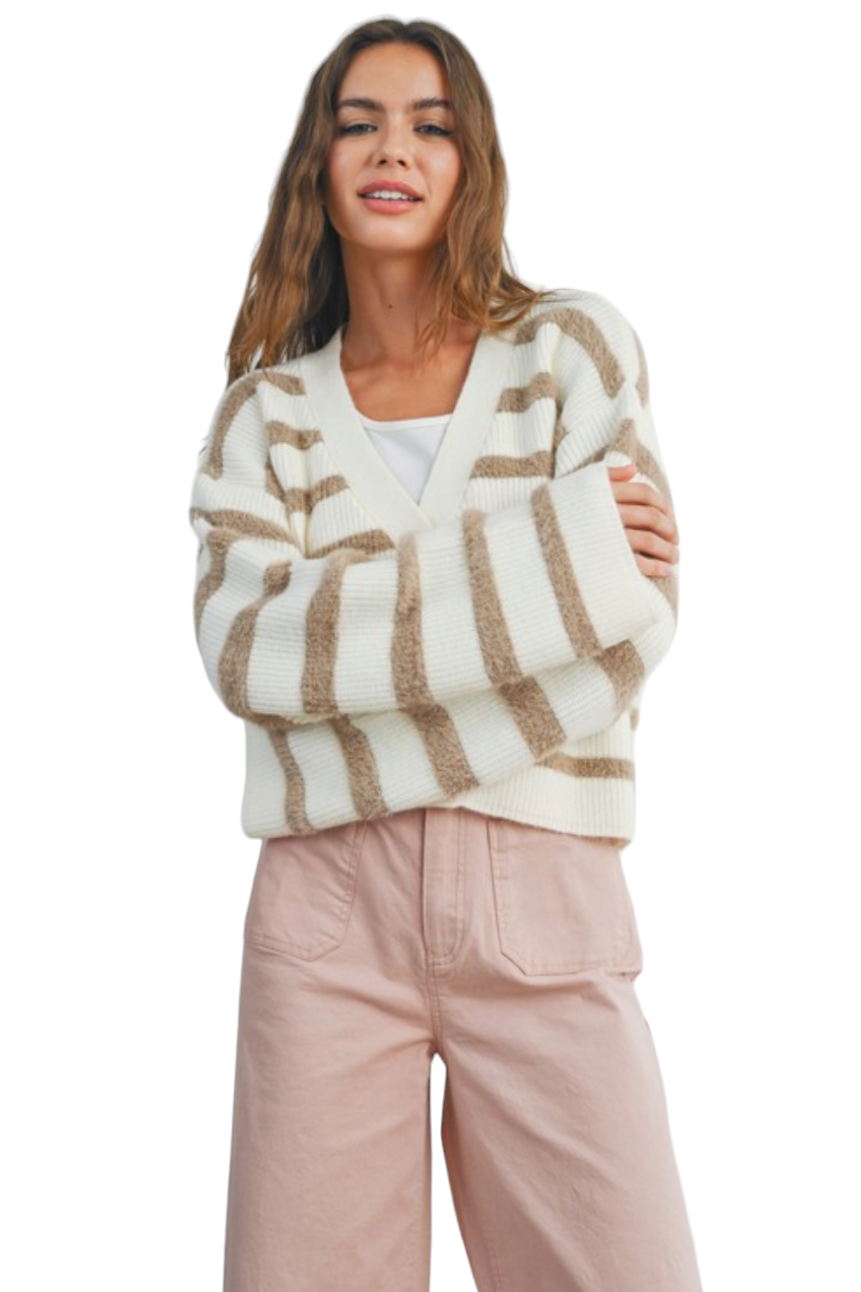 Ivory & Taupe Striped Sweater Button Cardigan