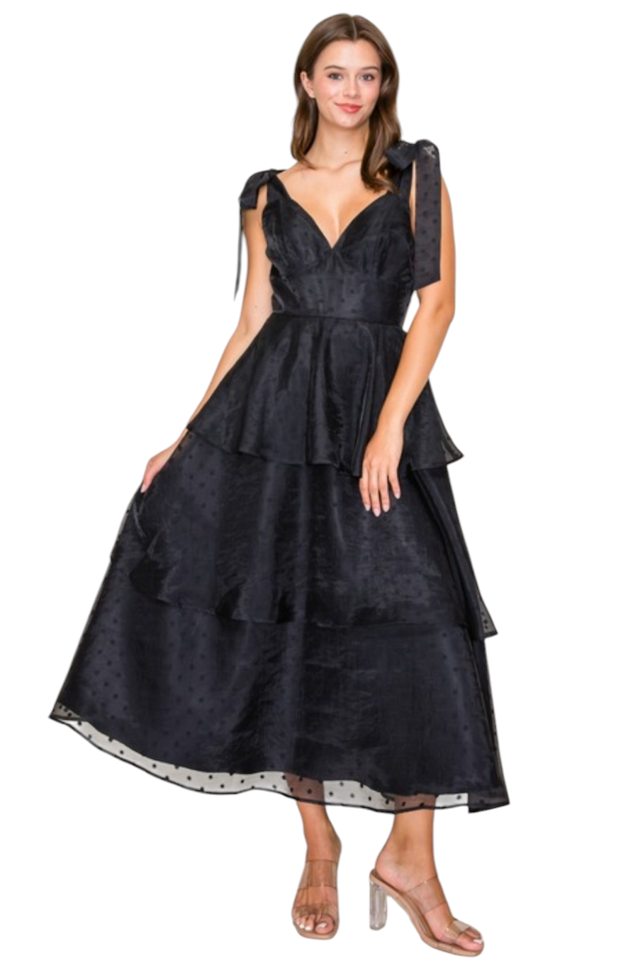 Black Dot Satin Puff Tiered Maxi Dress