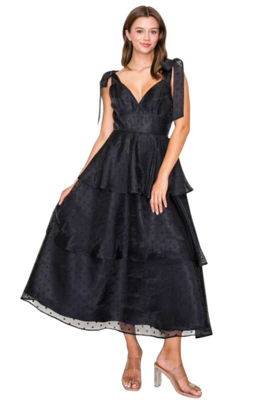 Black Dot Satin Puff Tiered Maxi Dress