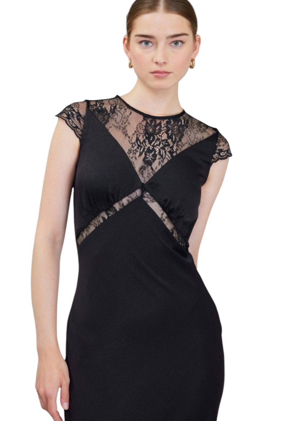 Black Cap Sleeve Lace Trim Midi Dress
