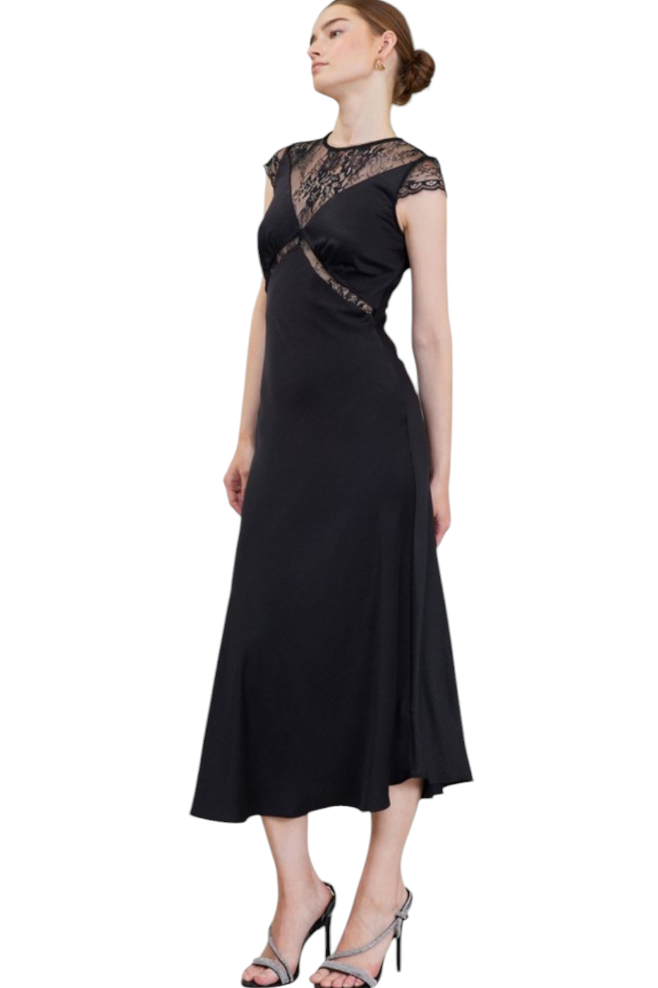 Black Cap Sleeve Lace Trim Midi Dress