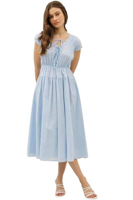 Misty Blue V-Neck Tied Bows Cotton Midi Dress