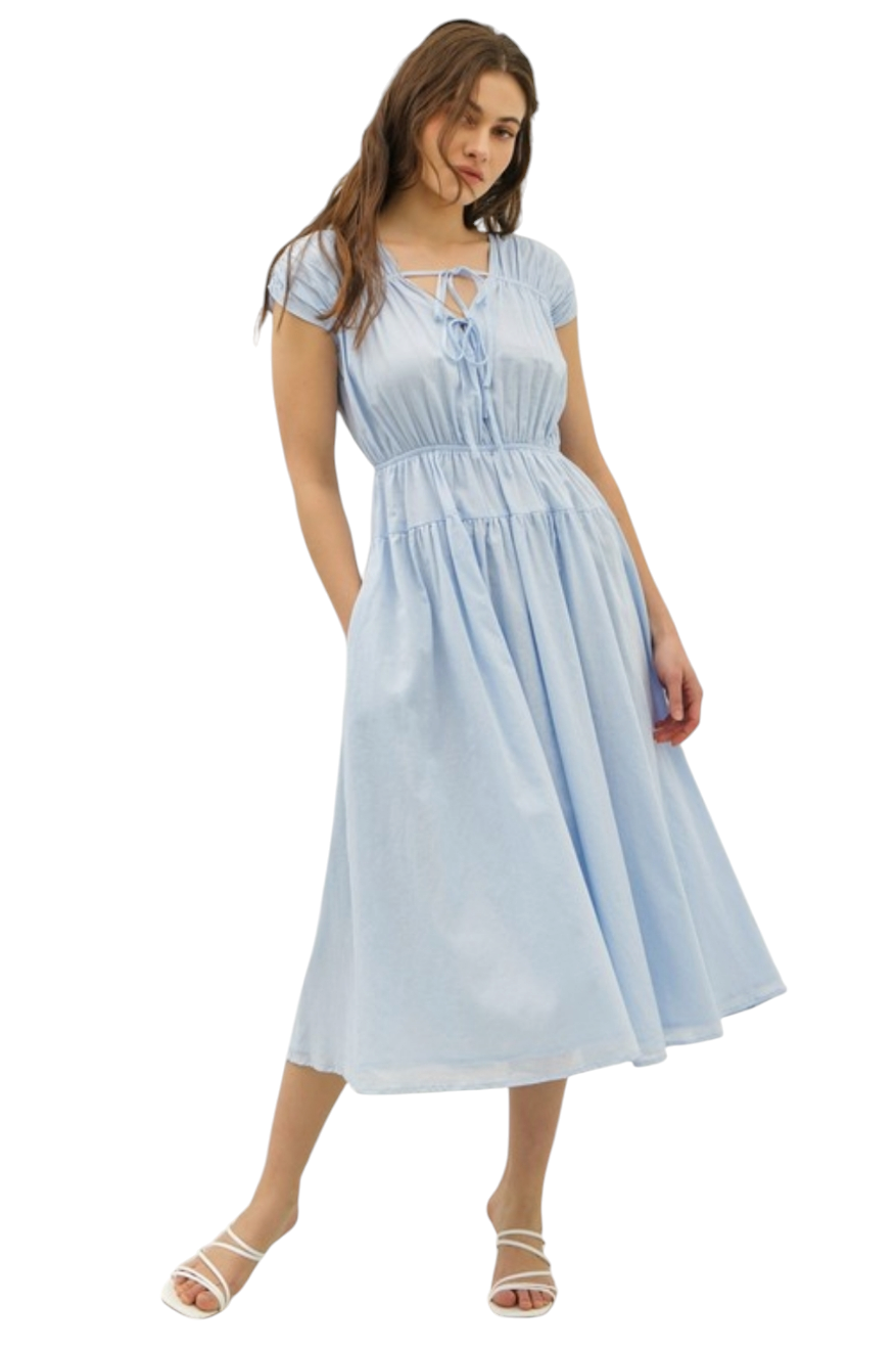 Misty Blue V-Neck Tied Bows Cotton Midi Dress