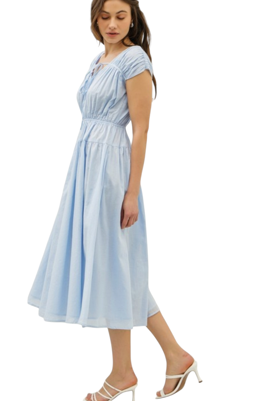 Misty Blue V-Neck Tied Bows Cotton Midi Dress