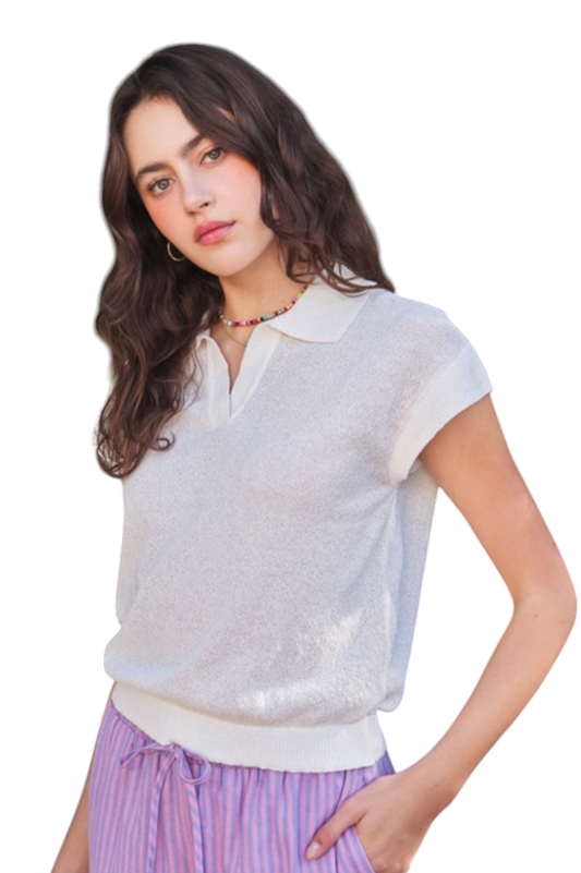 Cream Drop Shoulder Lightweight Sweater Collared Polo Top