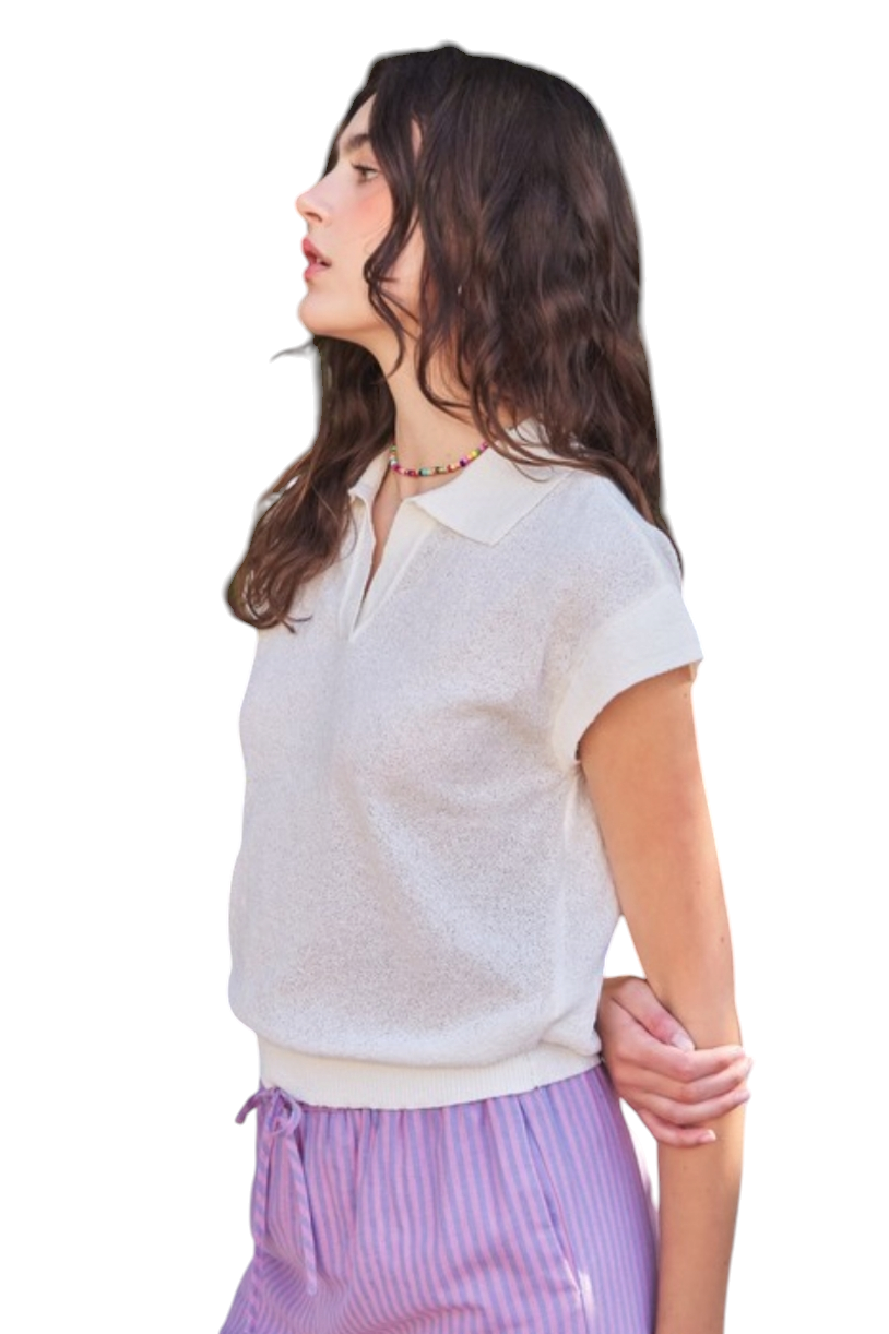 Cream Drop Shoulder Lightweight Sweater Collared Polo Top